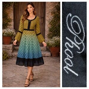 Phool Vintage 100% Rayon Ombre Long Balloon Sleeve Boho Midi Dress Size 2X